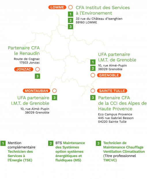 Carte de France des diplômes proposés au sein des centres de formation aux métiers de l'énergie renouvelable Dalkia